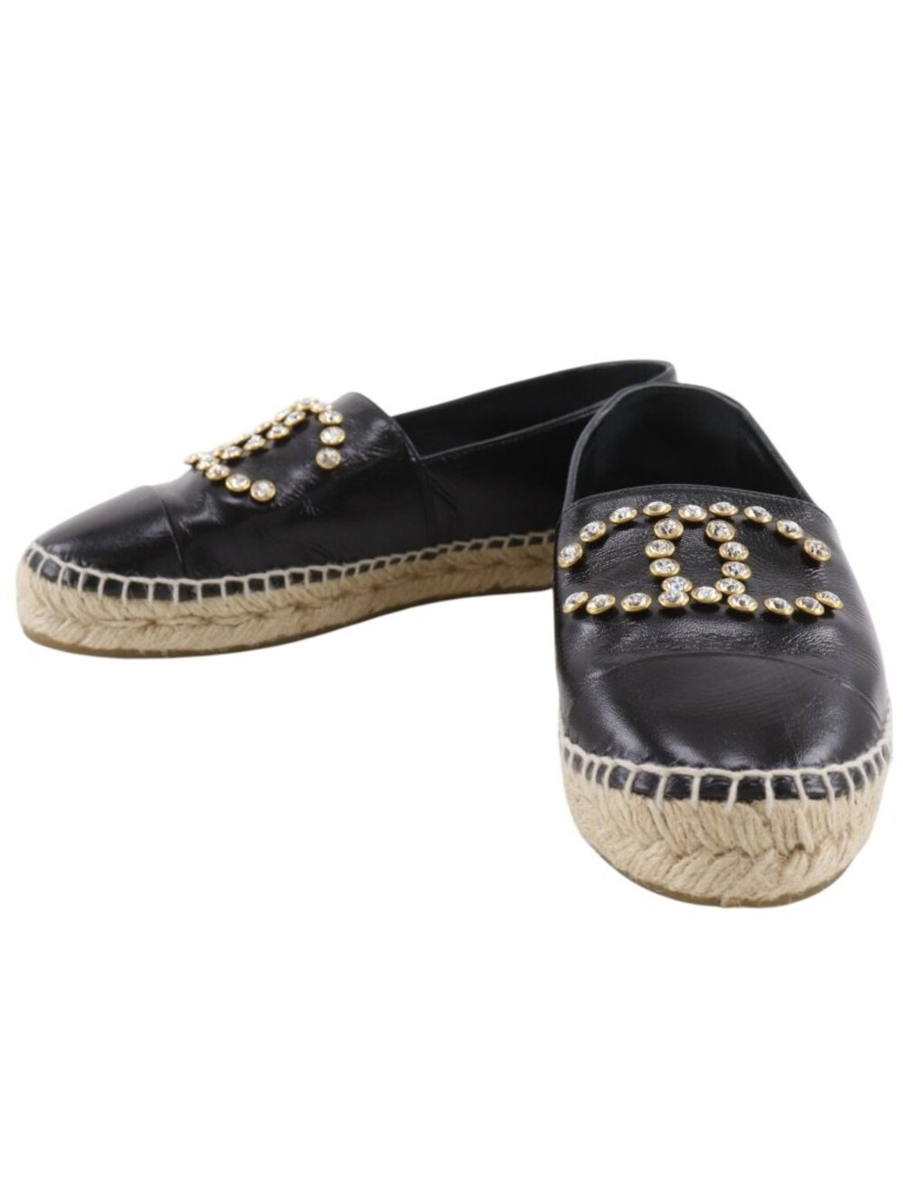 Chanel Espadrilles CC Logo Bijou Patent Leather Rhinestone Black Slip-on